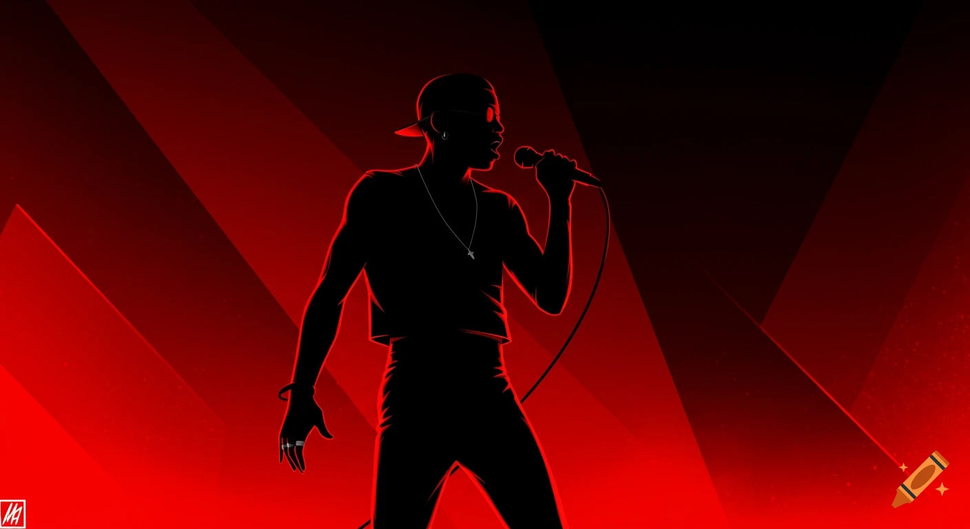 Digital art of a person's silhouette singing into a microphone against a bold red and black geometric background.