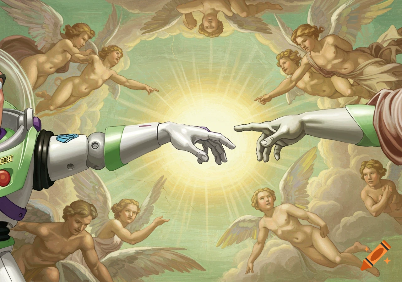 A Renaissance-style painting depicts Buzz Lightyear's gloved hand reaching towards a human hand in 'The Creation of Adam' pose, surrounded by putti.