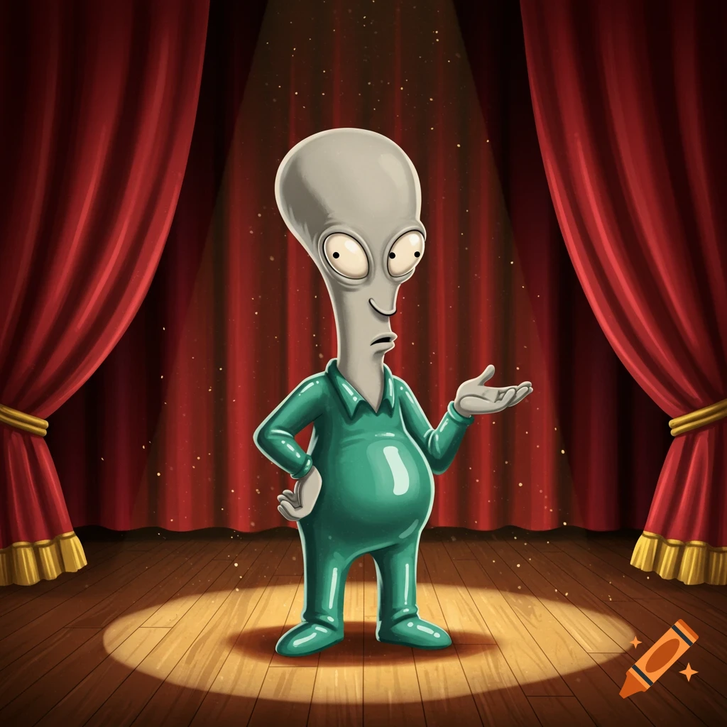 Roger from American Dad stands under a spotlight on a wooden stage with red closed curtains.