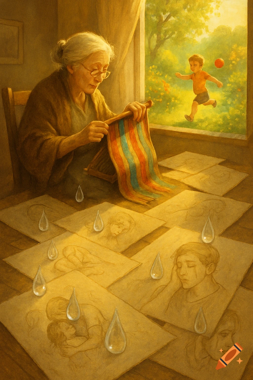 An old woman knits indoors, surrounded by drawings of crying faces and tears, while a boy plays with a ball outside a sunny window.