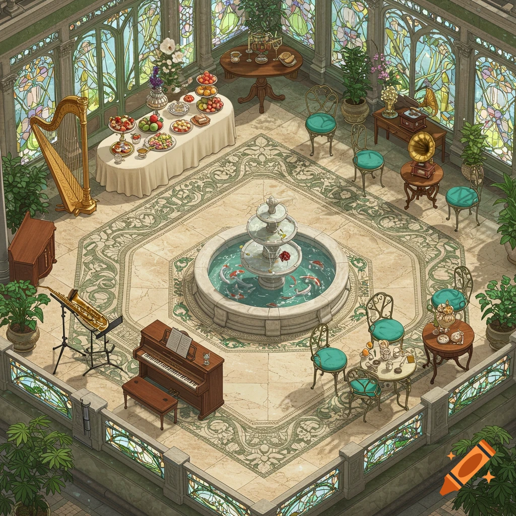 An ornate Art Nouveau winter garden with a central koi pond fountain, stained-glass windows, a long banquet table, musical instruments, and teal-cushioned seating areas.