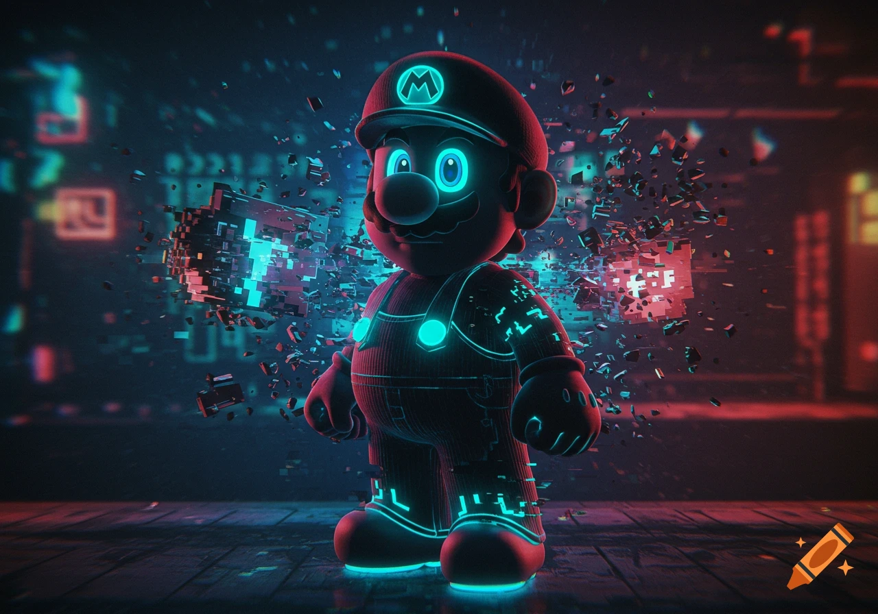 Neon-outlined Mario in black overalls stands amidst glowing cyan and red glitch effects and circuitry in a dark cyberpunk setting.