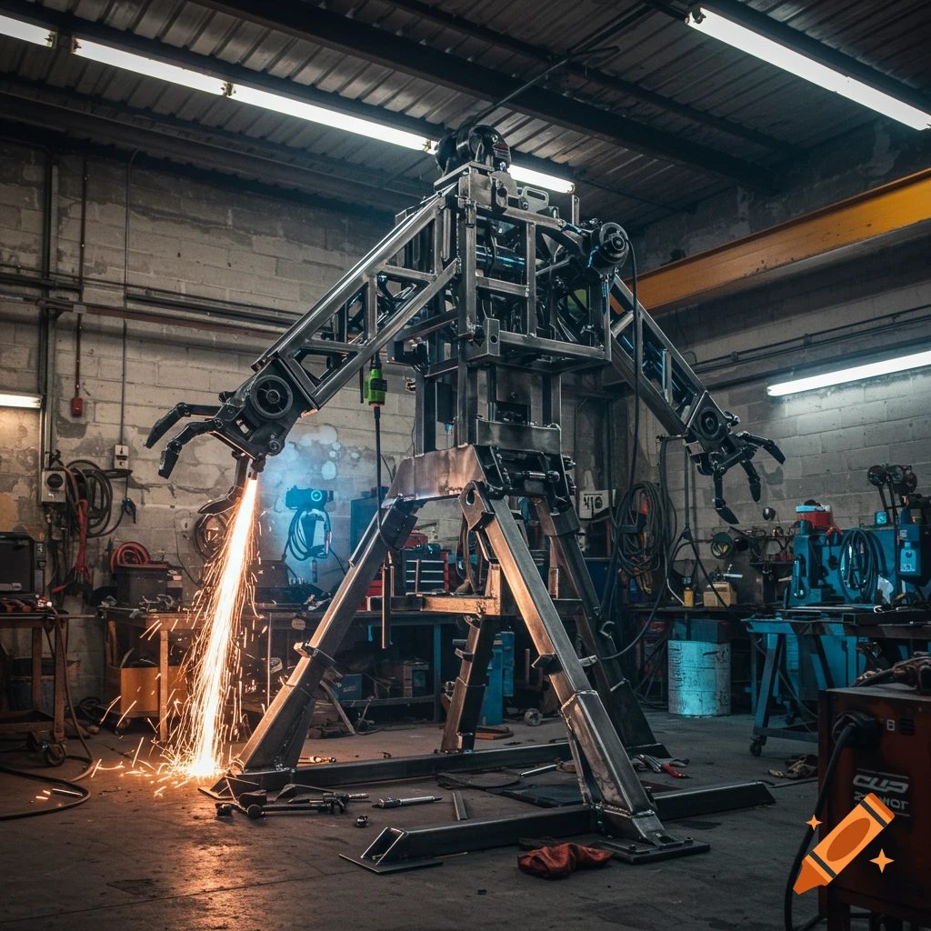 A large metal robot-like structure is being welded, emitting bright sparks in a dimly lit industrial workshop. Photorealistic.