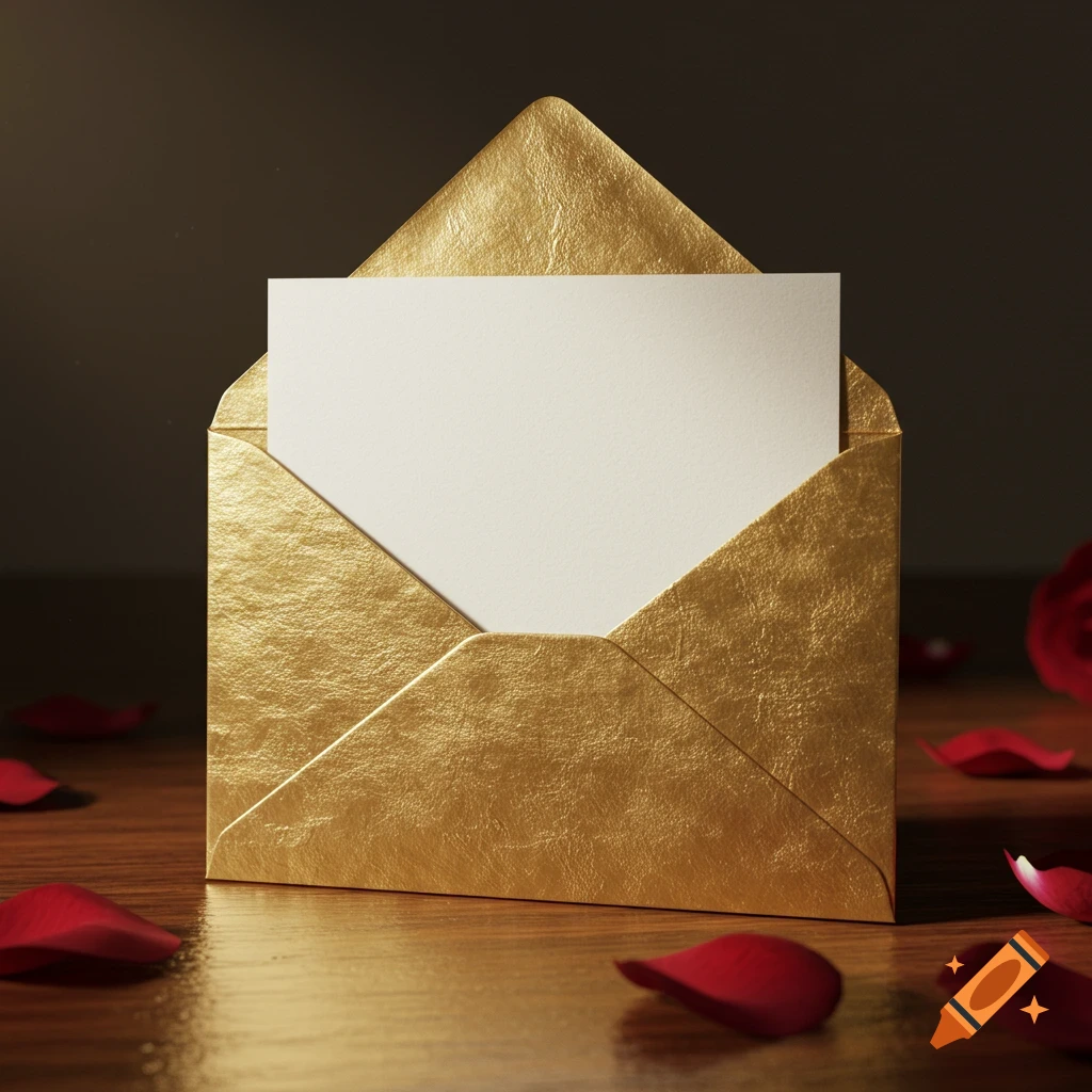 A photorealistic image of a golden envelope with a blank white card partially emerging, surrounded by red rose petals on a wooden table.