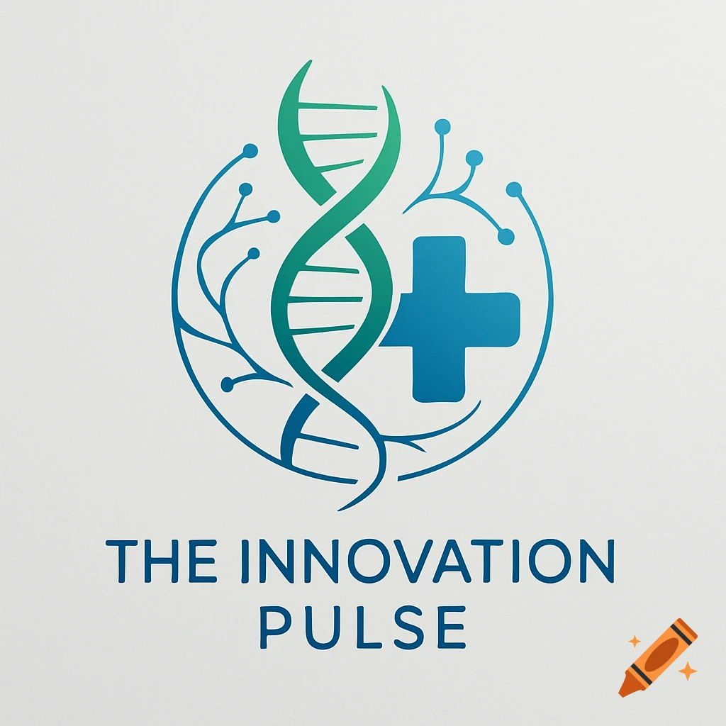A logo featuring a green and blue DNA helix, a medical cross, and branching circuitry, above the text 'THE INNOVATION PULSE'.