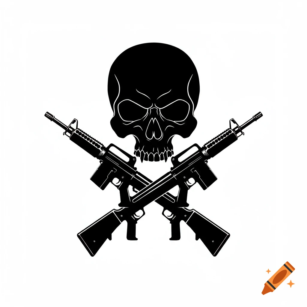 Black skull with white outlines above two crossed M1A1 style rifles on a white background, in a graphic design style.