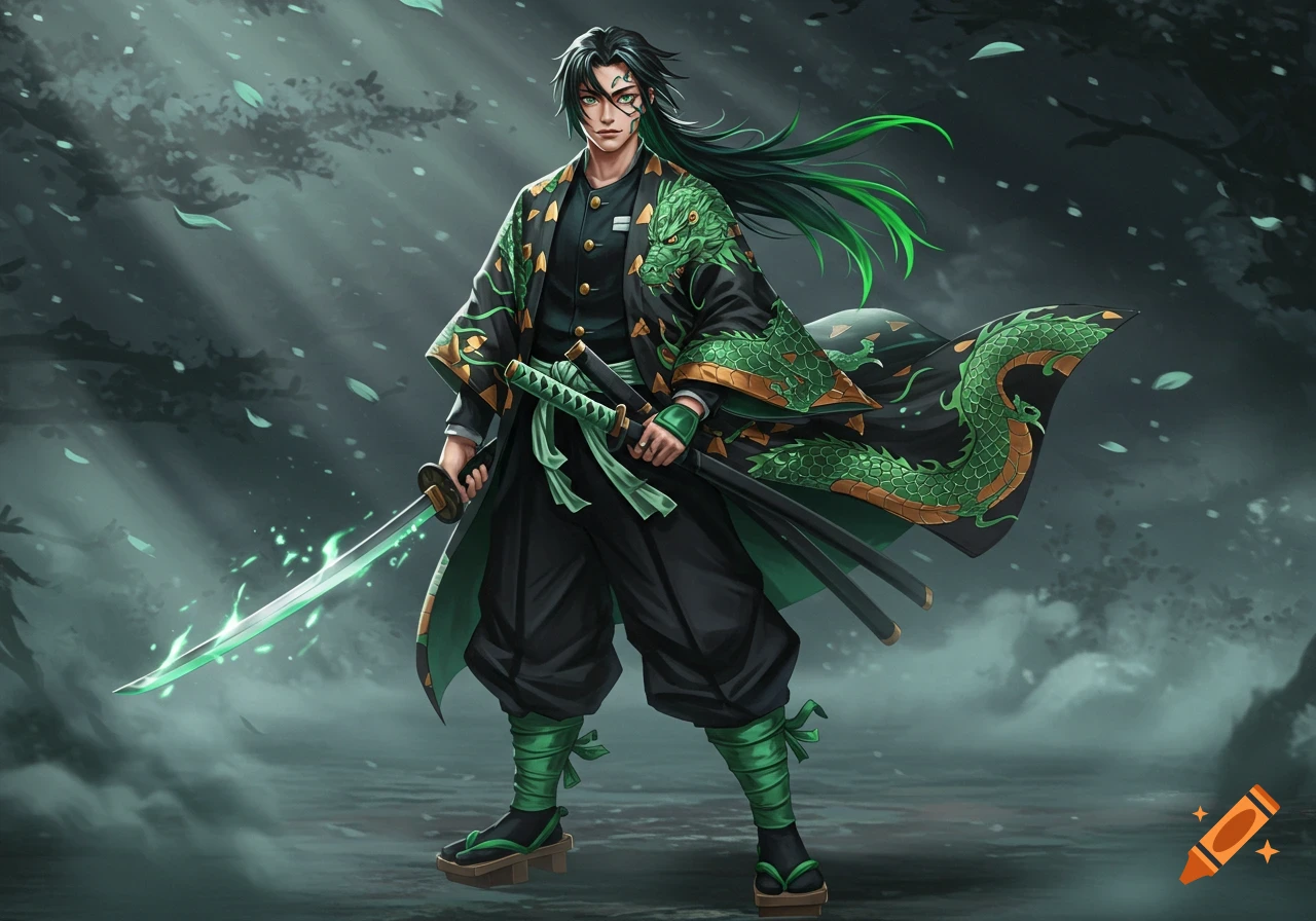 Male anime character with long dark green hair and green eyes, wearing a black kimono with green dragon patterns, holding a glowing green sword in a misty forest.