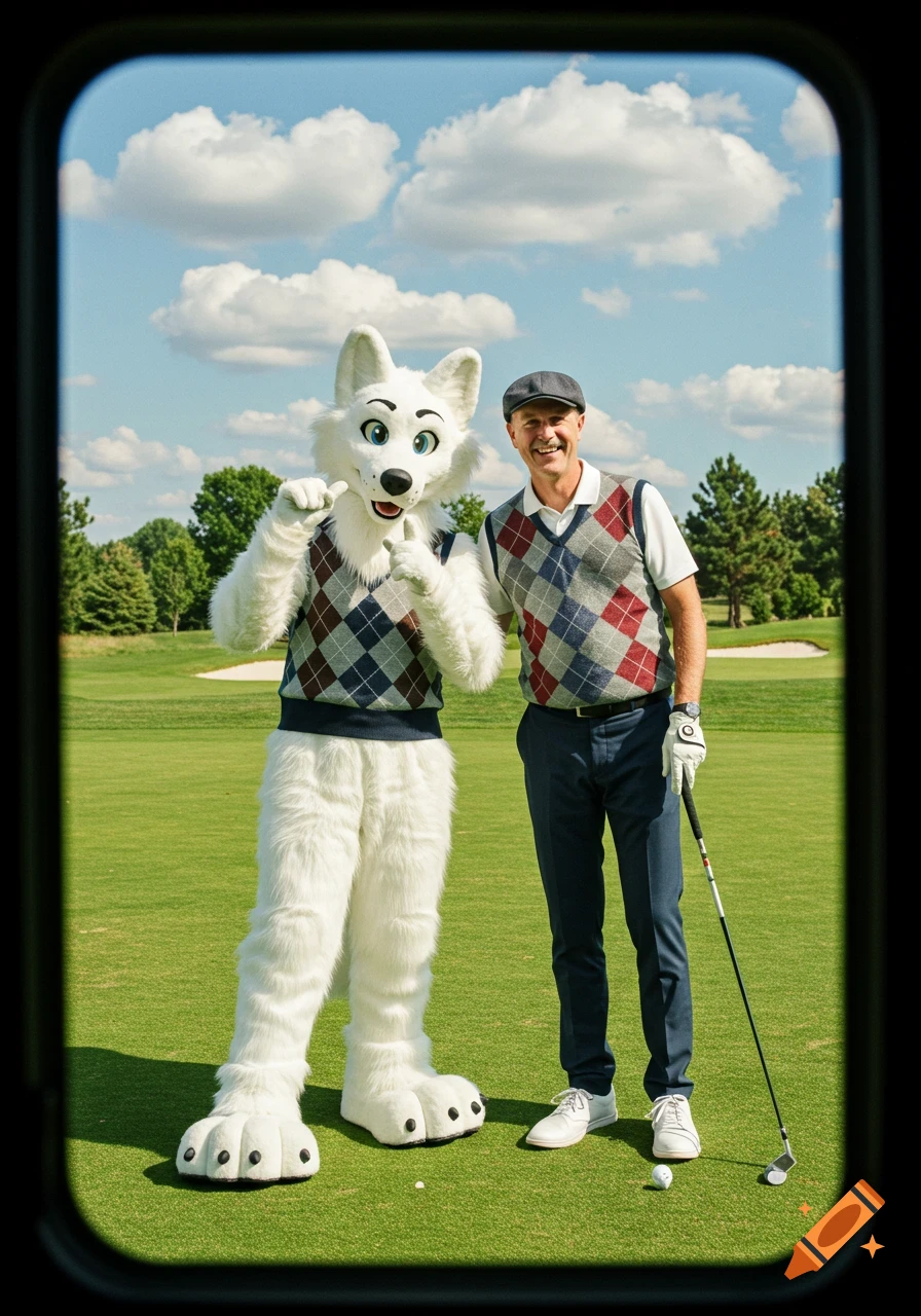 A person in a white wolf fursuit and a man in an argyle sweater vest stand on a golf course on a sunny day, both smiling. Photorealistic style.