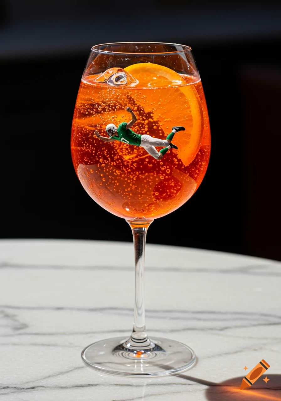 A miniature football player in a green and white uniform floats inside an Aperol cocktail with an orange slice and ice.