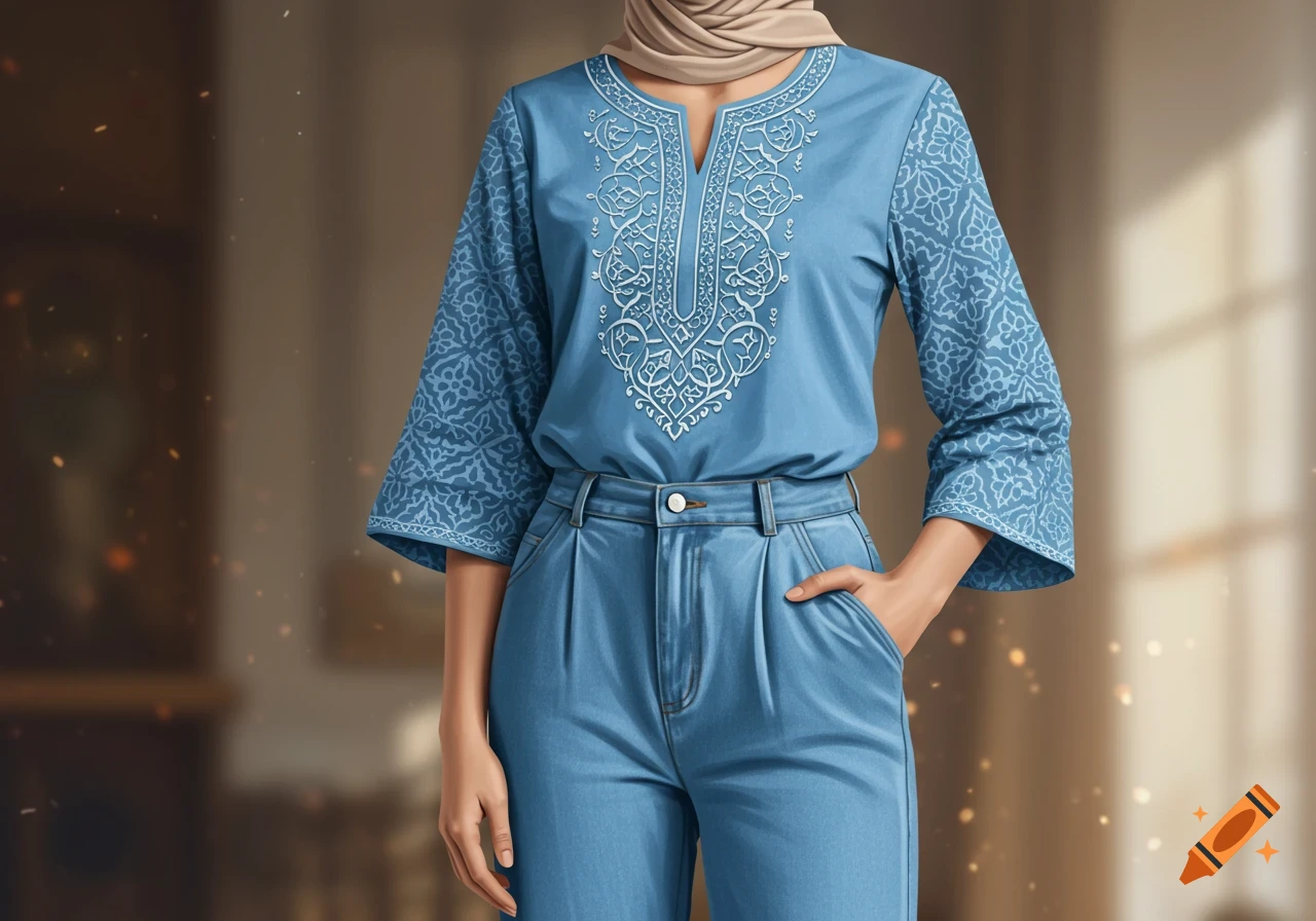 A person wears a blue top with white intricate embroidery, light blue pleated jeans with a hand in a pocket, and a beige hijab.
