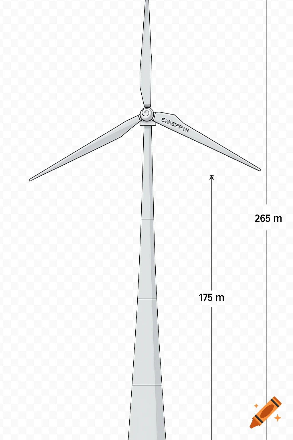 A clean, technical illustration of a modern wind turbine with three blades on a transparent background. Dimensions of 265m total height and 175m hub height are shown with measurement lines.