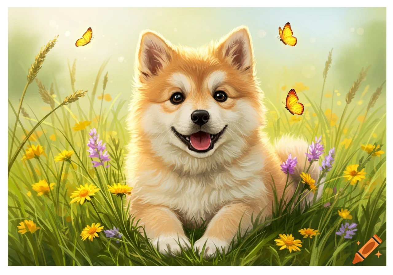 A fluffy, happy brown and white puppy lies smiling in a vibrant green field with yellow and purple flowers and butterflies in an illustrative style.