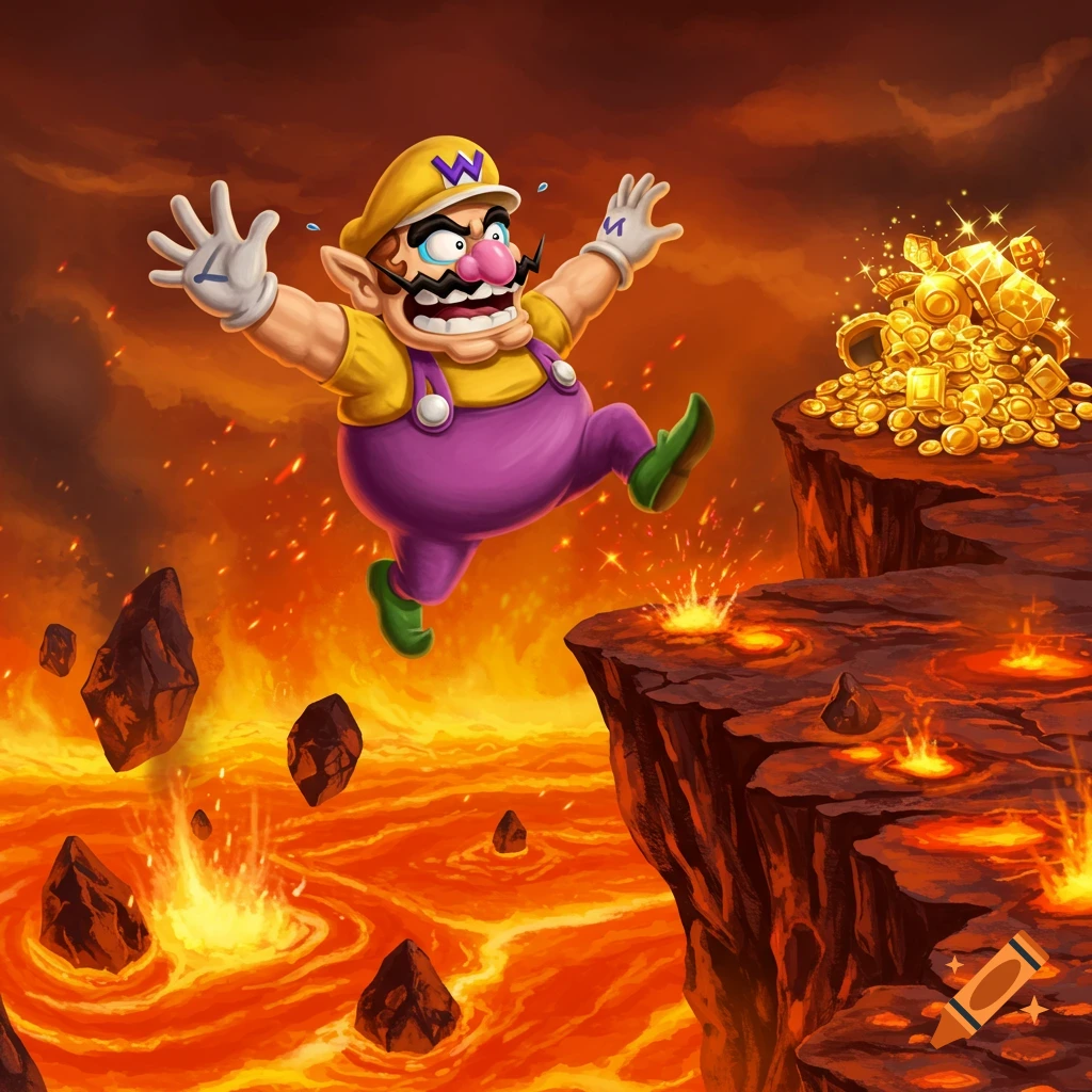 Cartoon Wario jumps over a lava pit towards a pile of gold and gems.