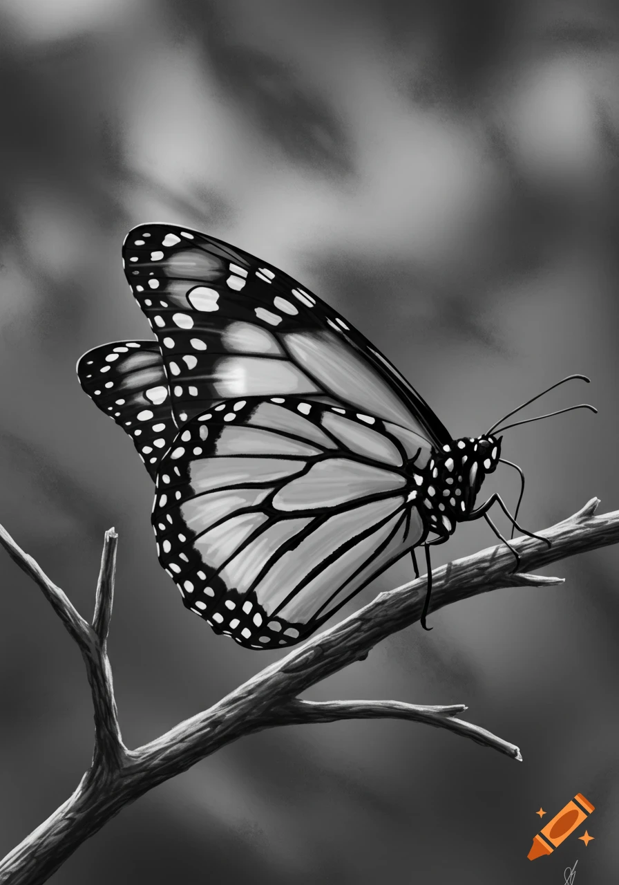 Greyscale drawing of a monarch butterfly perched on a bare branch.