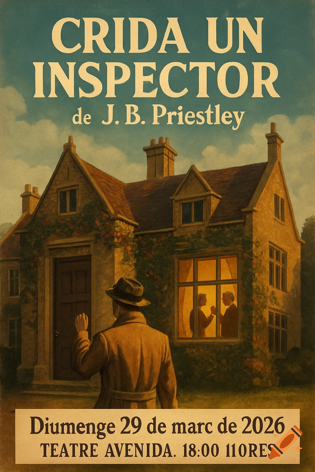 A vintage-style play poster for "Crida un inspector" depicting a man in a hat knocking on the door of an old English country house, with two silhouetted figures toasting inside a lit window.