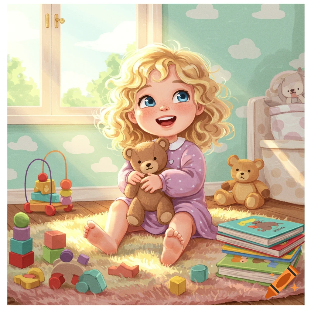 A happy, curly-haired toddler with a teddy bear sits on a rug surrounded by toys and books in a sunlit nursery, in an illustration.