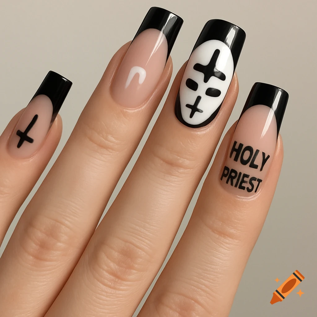 Close-up of a hand with long square nails featuring black French tips and nude bases. Designs include an upside-down cross, a white mask with a black cross, and "HOLY PRIEST" text.