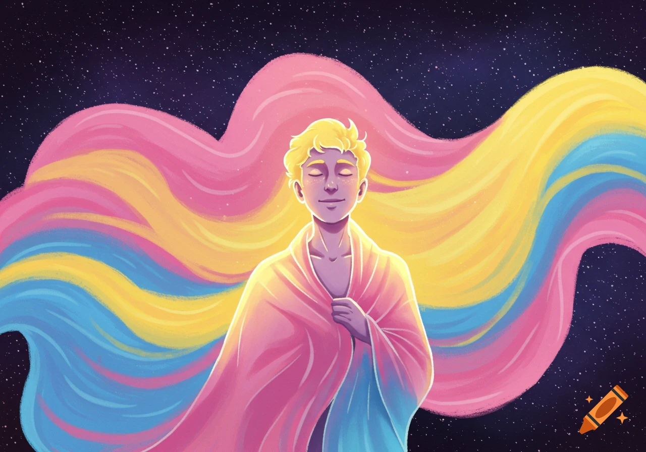 An illustration of a person with blonde hair and closed eyes, smiling and wrapped in pink, yellow, and blue fabric, set against a starry night sky.