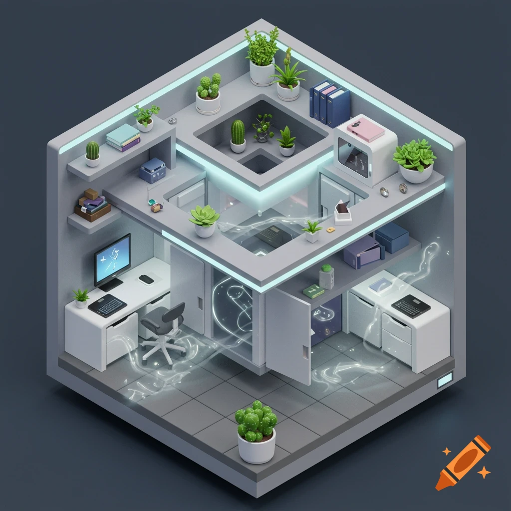 An isometric view of a modern, multi-level organizer unit with office supplies, potted plants, and glowing blue accents, all against a dark background.