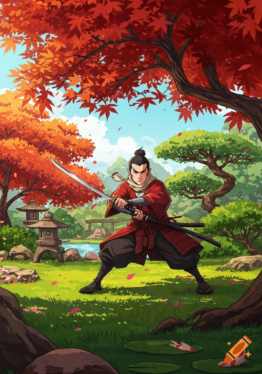 A cartoon samurai in a red kimono holds a katana in a vibrant Japanese garden with red maple trees and a pond.