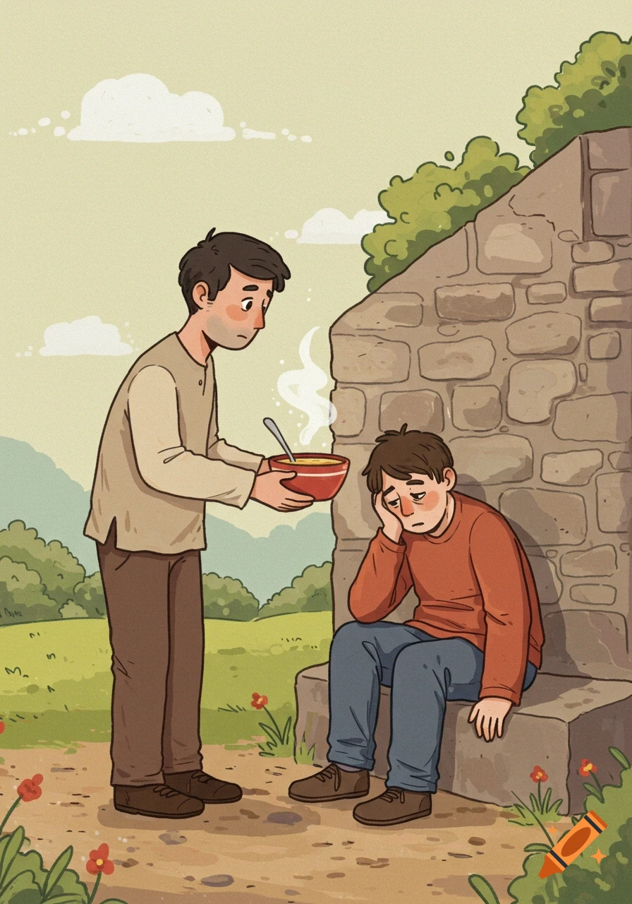 An illustration in a children's book style shows a man offering a bowl of steaming soup to another sad man sitting against a stone wall.