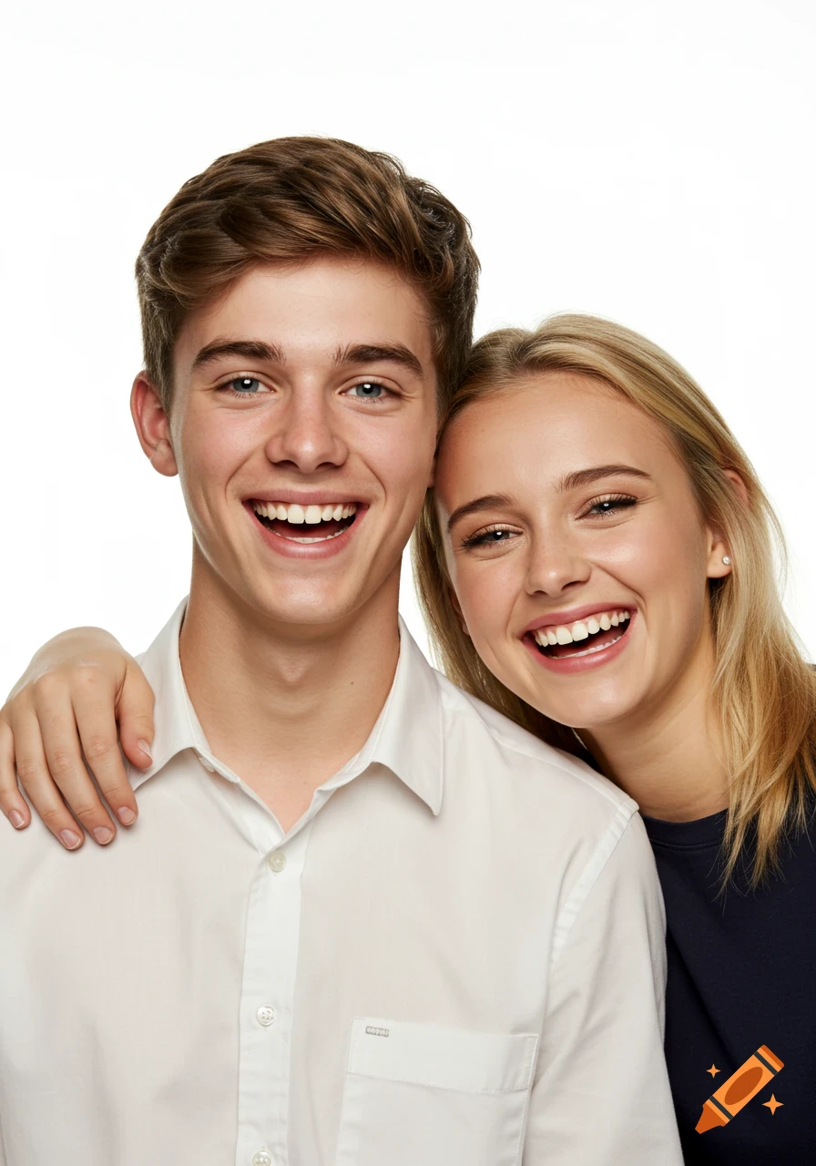Happy smiling teenage boy and girl in a bright, well-lit portrait against a white background.
