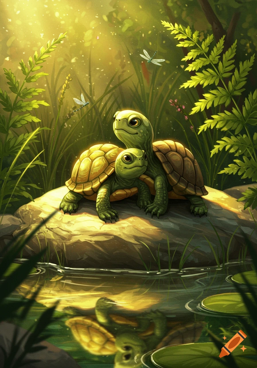 Two cute turtles cuddle on a sunlit rock in a lush forest by a pond with dragonflies.