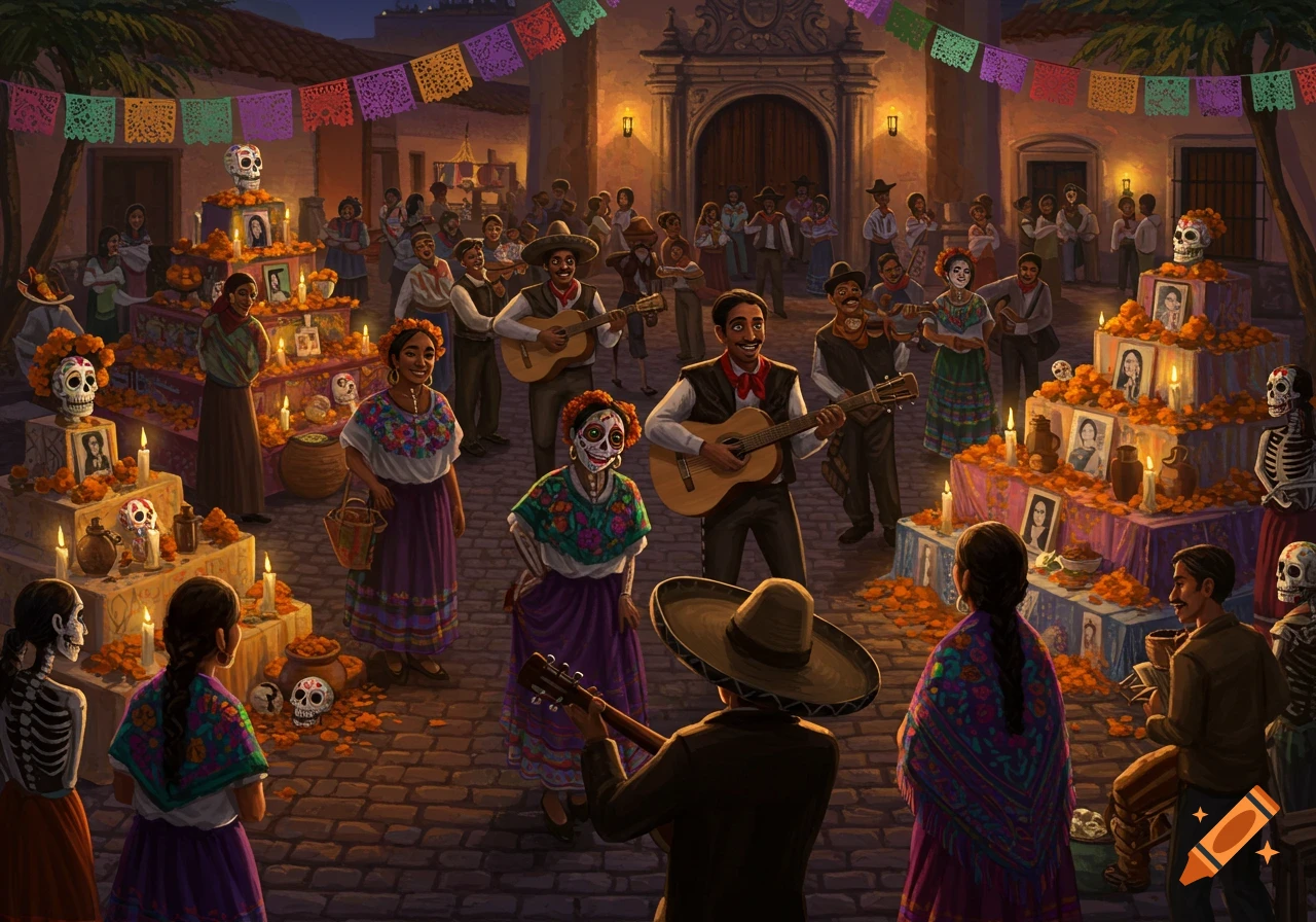 A vibrant celebration of Day of the Dead in a town square, with people in traditional attire, altars with candles and skulls, and musicians playing.