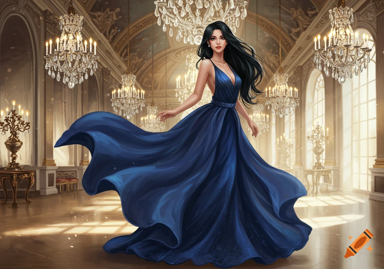 A woman with long dark hair in a flowing blue gown stands in a grand ...