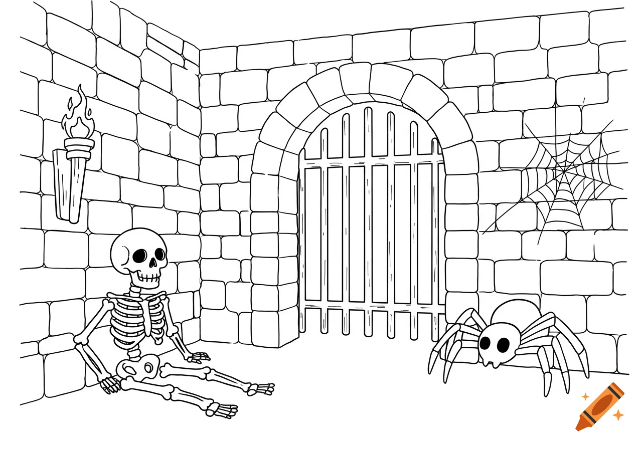 Black and white outline coloring page of a friendly skeleton sitting by a stone wall in a dungeon, with an iron gate, a torch, and a large spider on a web.