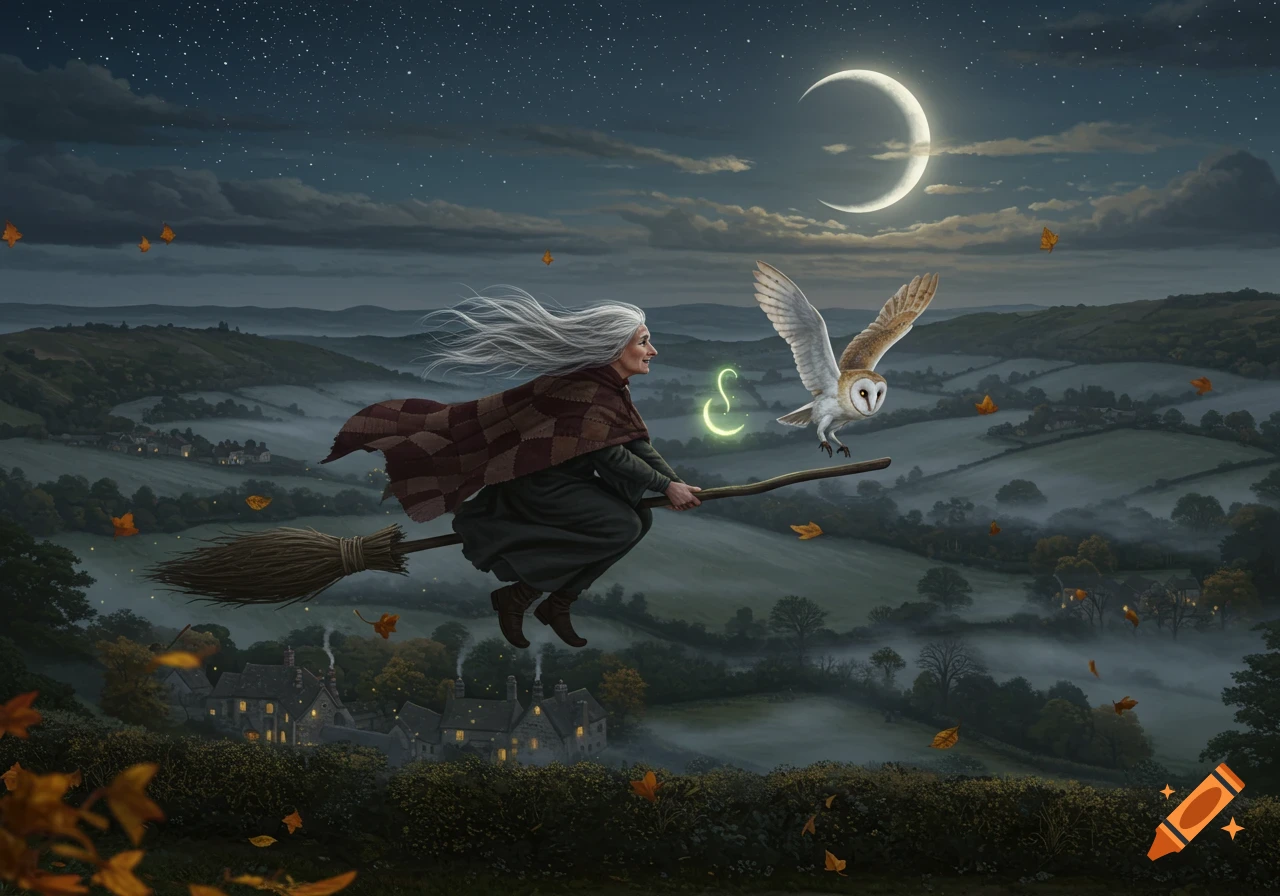 An old witch on a broomstick flies with a barn owl over a misty, moonlit English countryside at night in an illustrative style.