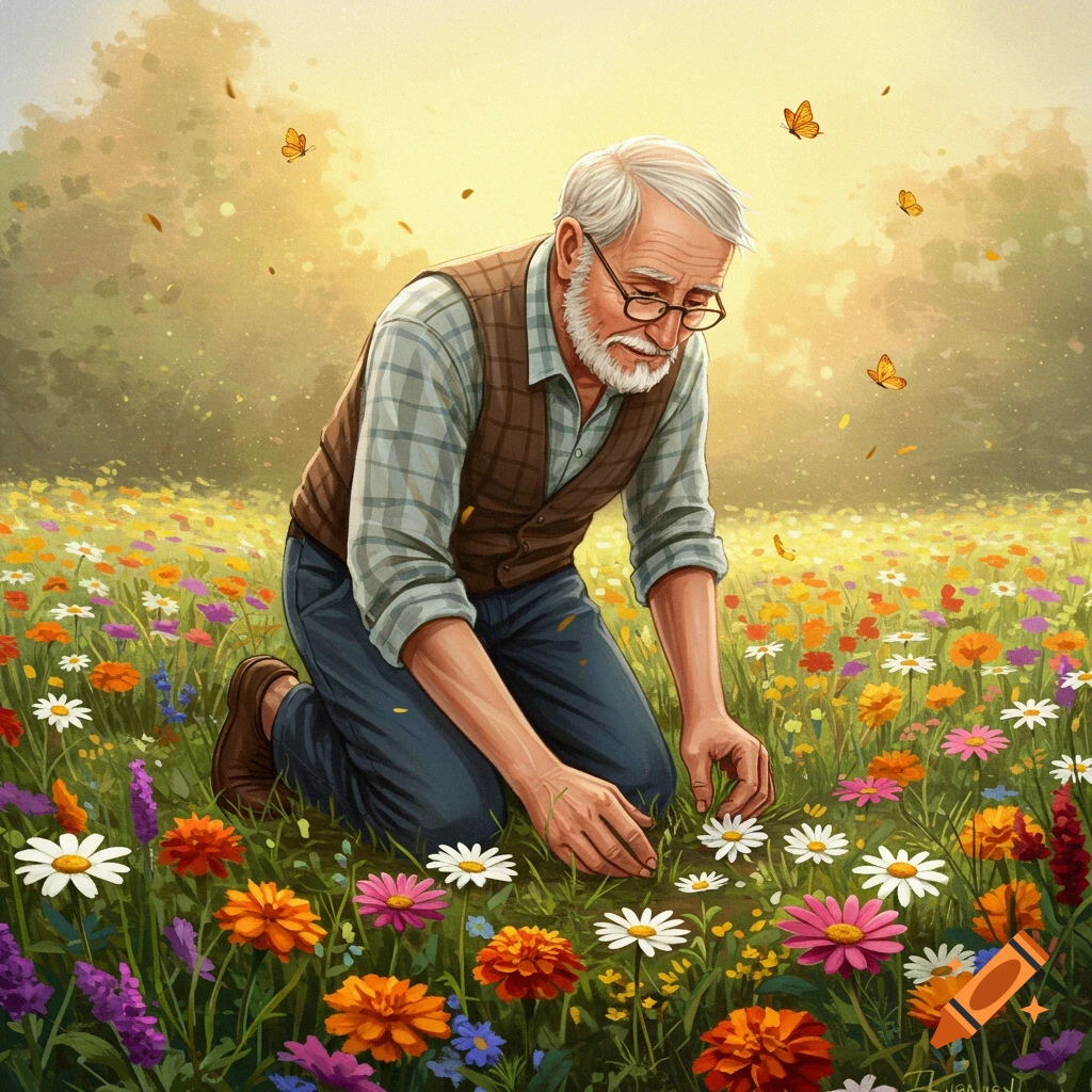 An elderly man with a white beard and glasses kneels in a sunny, vibrant meadow filled with colorful flowers and butterflies.