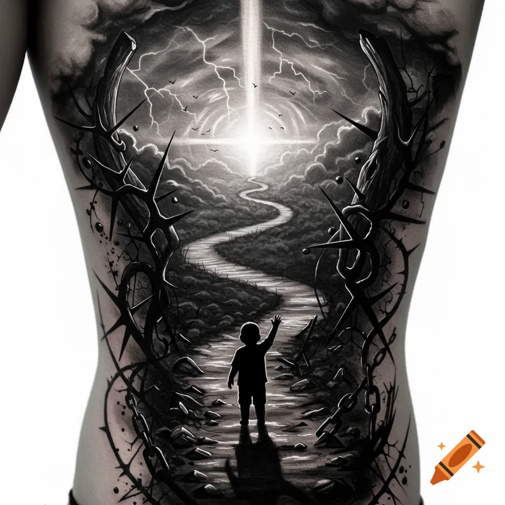 Black and white symbolic tattoo on a person's back, showing a child on a winding path through thorny vines towards a bright light in a stormy sky.