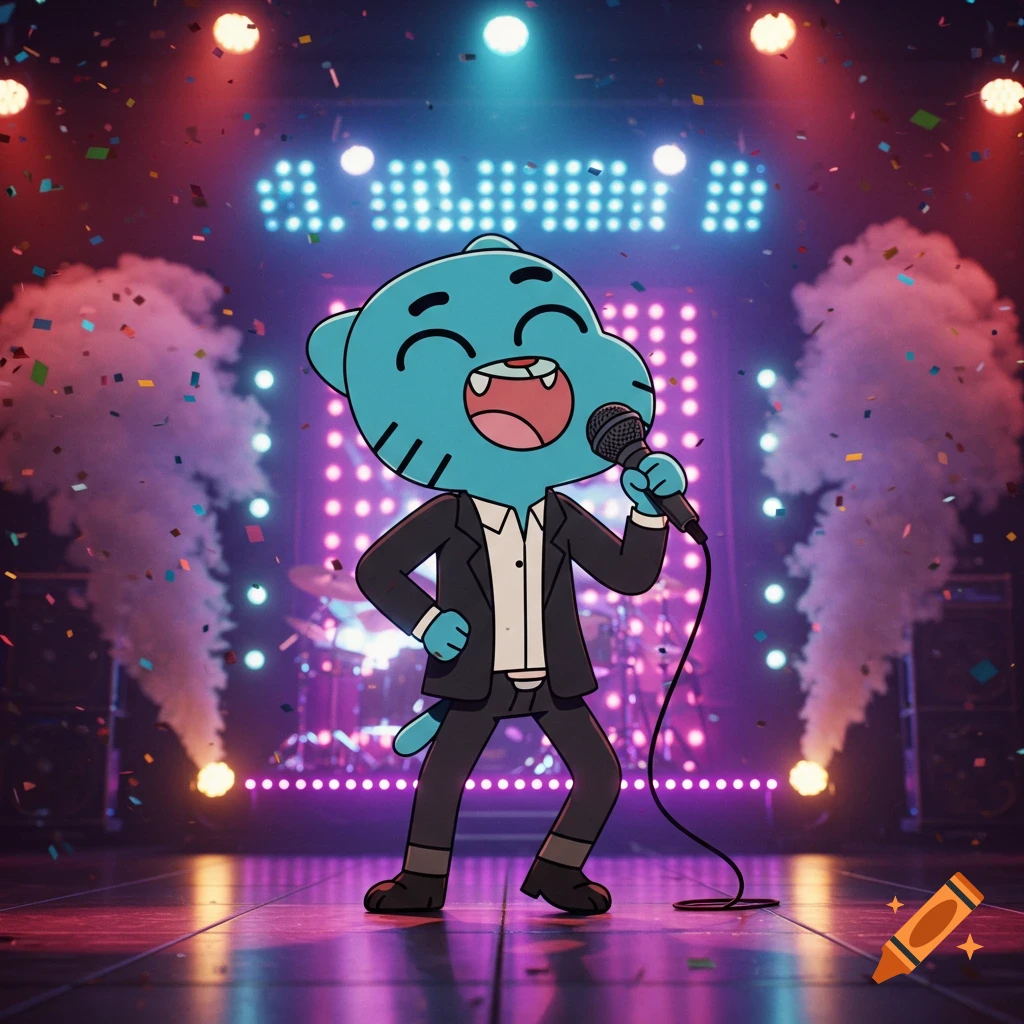 Gumball Watterson, a blue cat, sings into a microphone on a confetti-strewn stage with dramatic lighting and smoke.