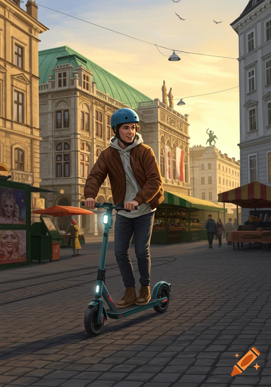 A young man in a brown jacket and blue helmet rides an e-scooter down a cobblestone street in a European city at sunset, past market stalls and grand buildings.
