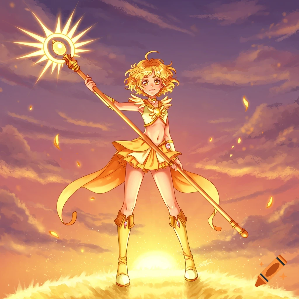 An anime magical girl with short yellow hair and a golden outfit holding a glowing sun staff, standing against a vibrant sunset sky.