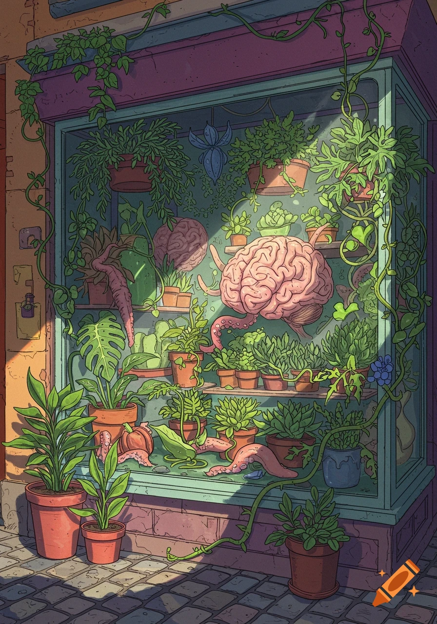 A whimsical and surreal illustration of a shop window filled with potted plants, large brains, and pink tentacles.