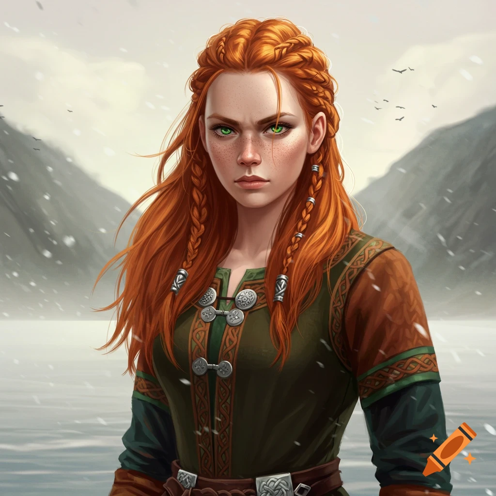 A fierce, red-haired woman with green eyes in a Viking-style dress stands in a snowy, mountainous landscape.