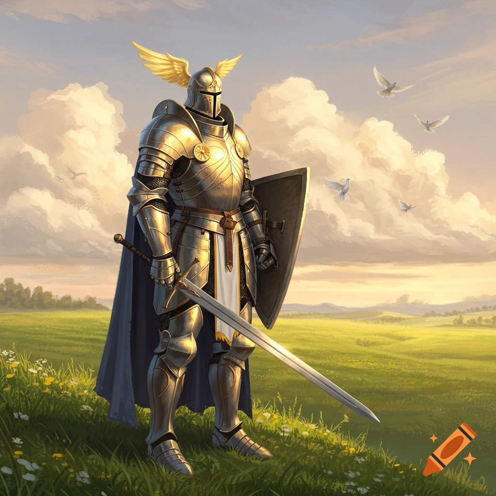 A paladin in shining gold armor with a sword and shield stands in a vibrant green field under a cloudy sky with doves flying.
