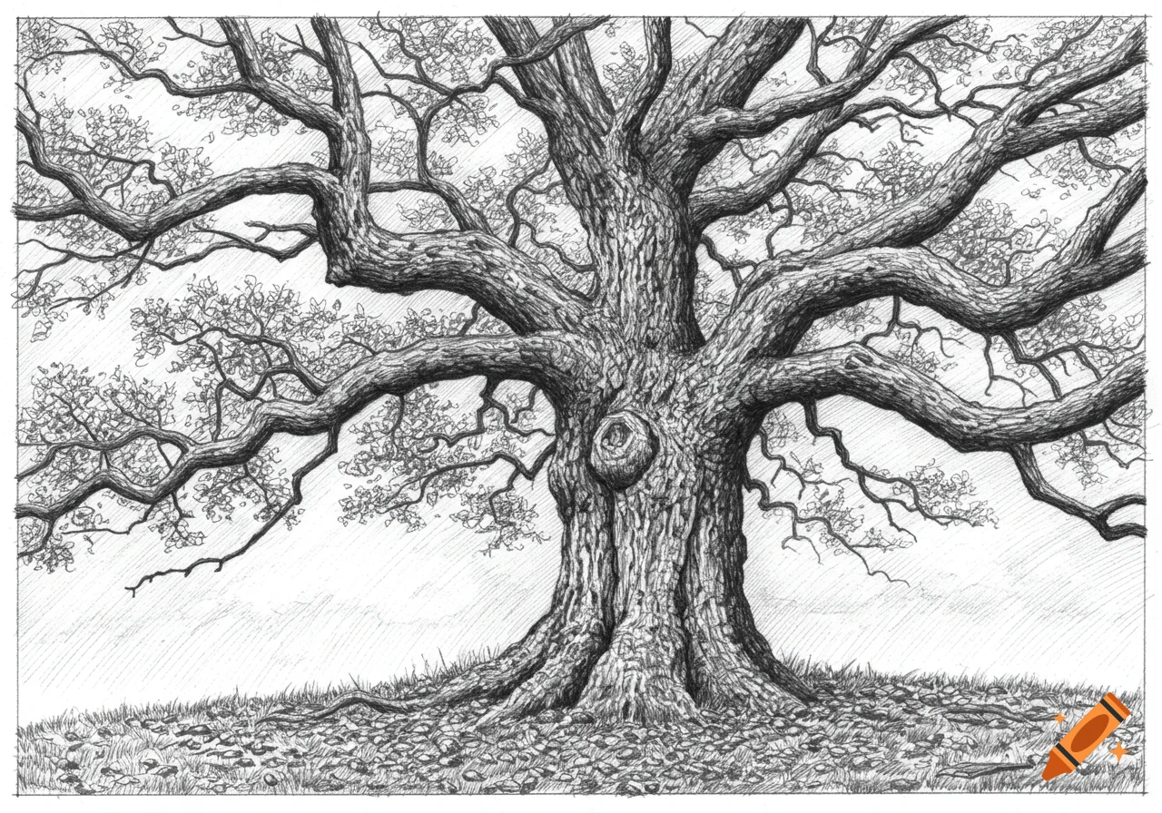 Detailed black and white pencil sketch of a large, gnarled oak tree with many branches and leaves on grassy ground.
