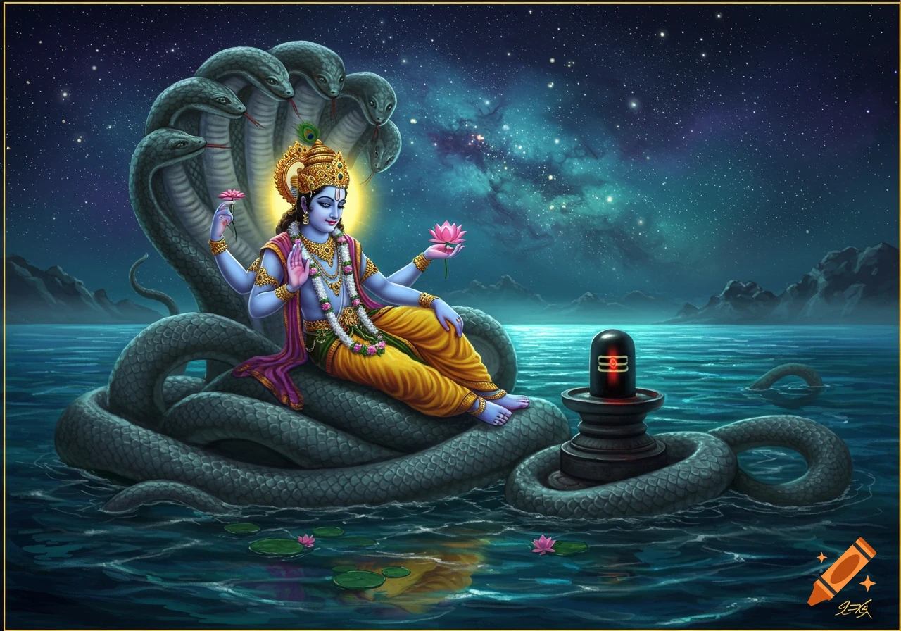 Lord Vishnu reclines on a multi-headed serpent in a cosmic ocean under a starry sky, offering a pink lotus to a Shiva Lingam.