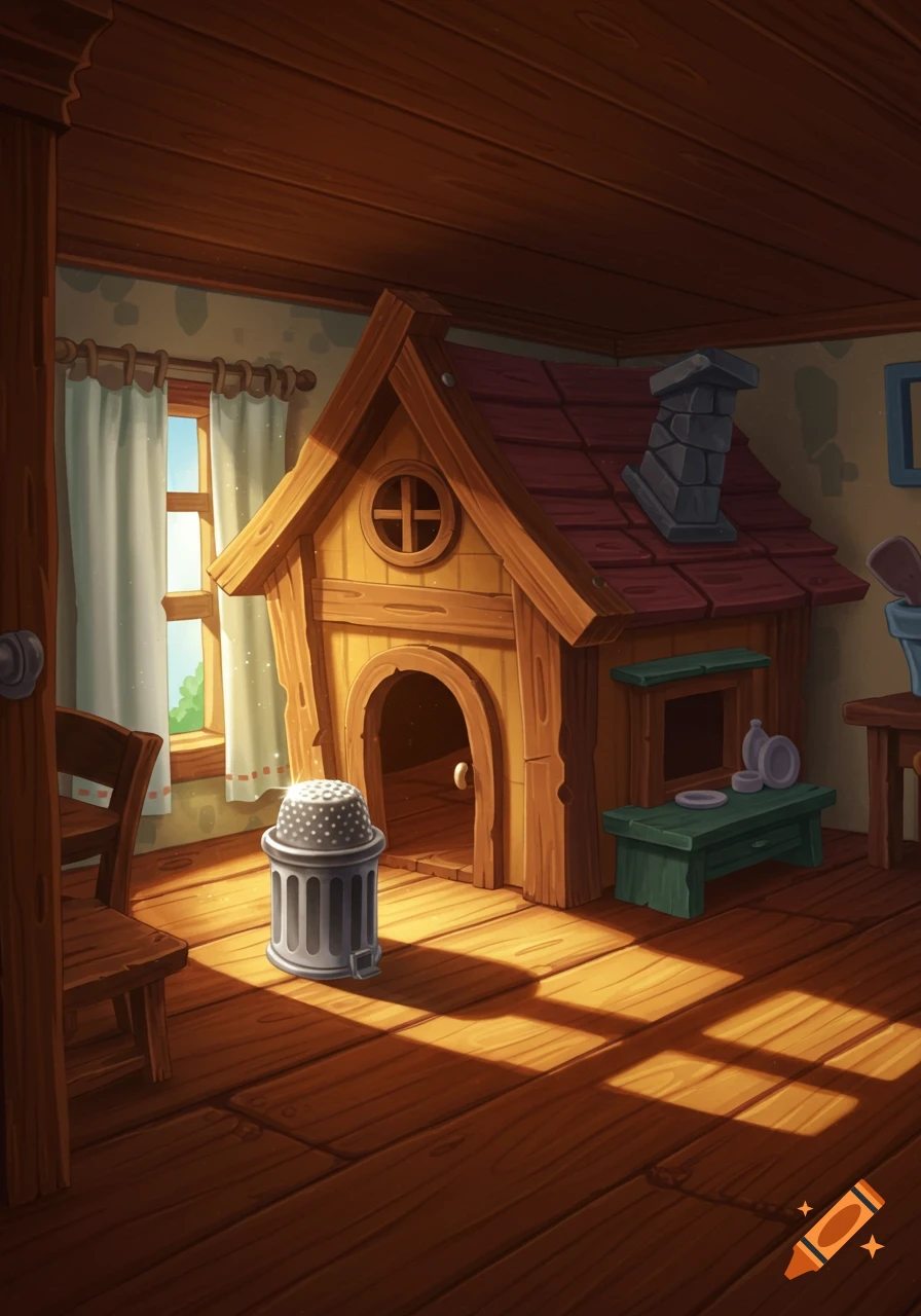 A whimsical, cartoon-style interior scene with a small wooden mouse house, a thimble trash can, and sunlight on a wooden floor.