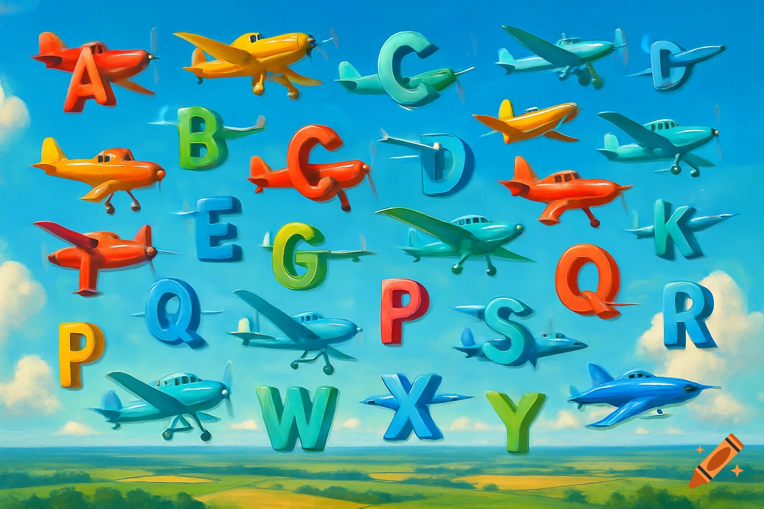 Colorful cartoon airplanes shaped like alphabet letters fly in a blue sky over a green landscape, in an illustrative style.