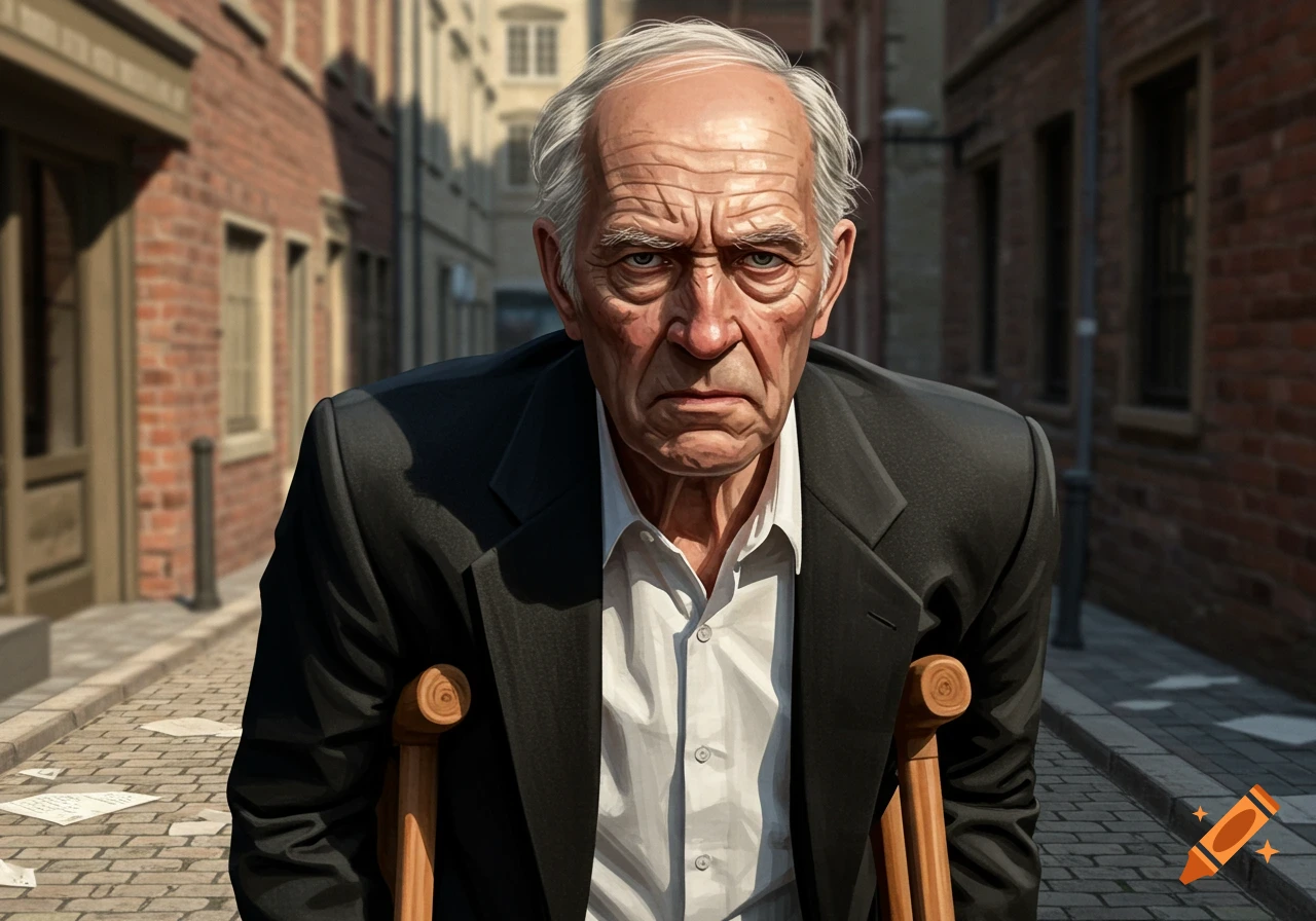 Photorealistic portrait of a stern, elderly man with gray hair and crutches, wearing a suit, on a cobblestone street.