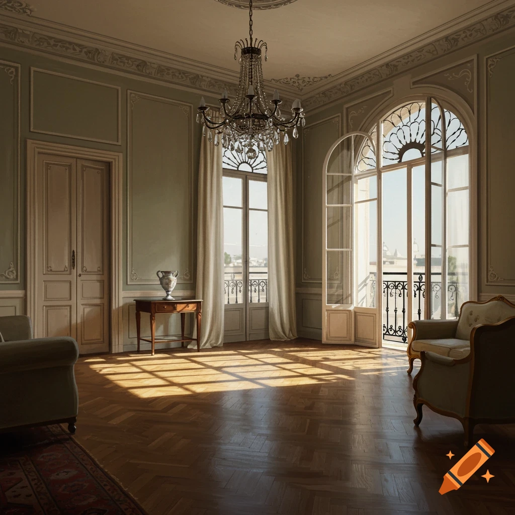Elegant classical apartment interior with a chandelier, parquet floor, and sunlight streaming through tall windows to a balcony.