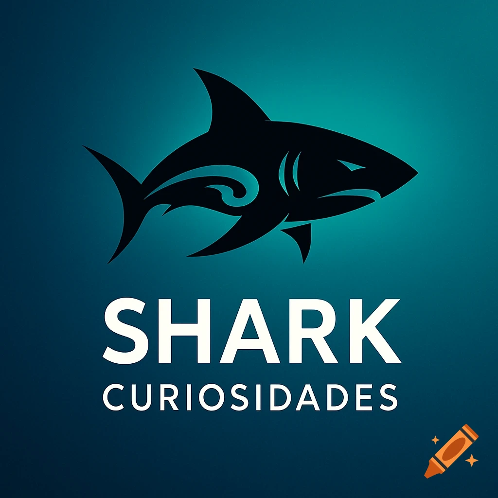 A black stylized shark logo with a tribal pattern on a dark blue and teal gradient background, with white text "SHARK CURIOSIDADES" below.