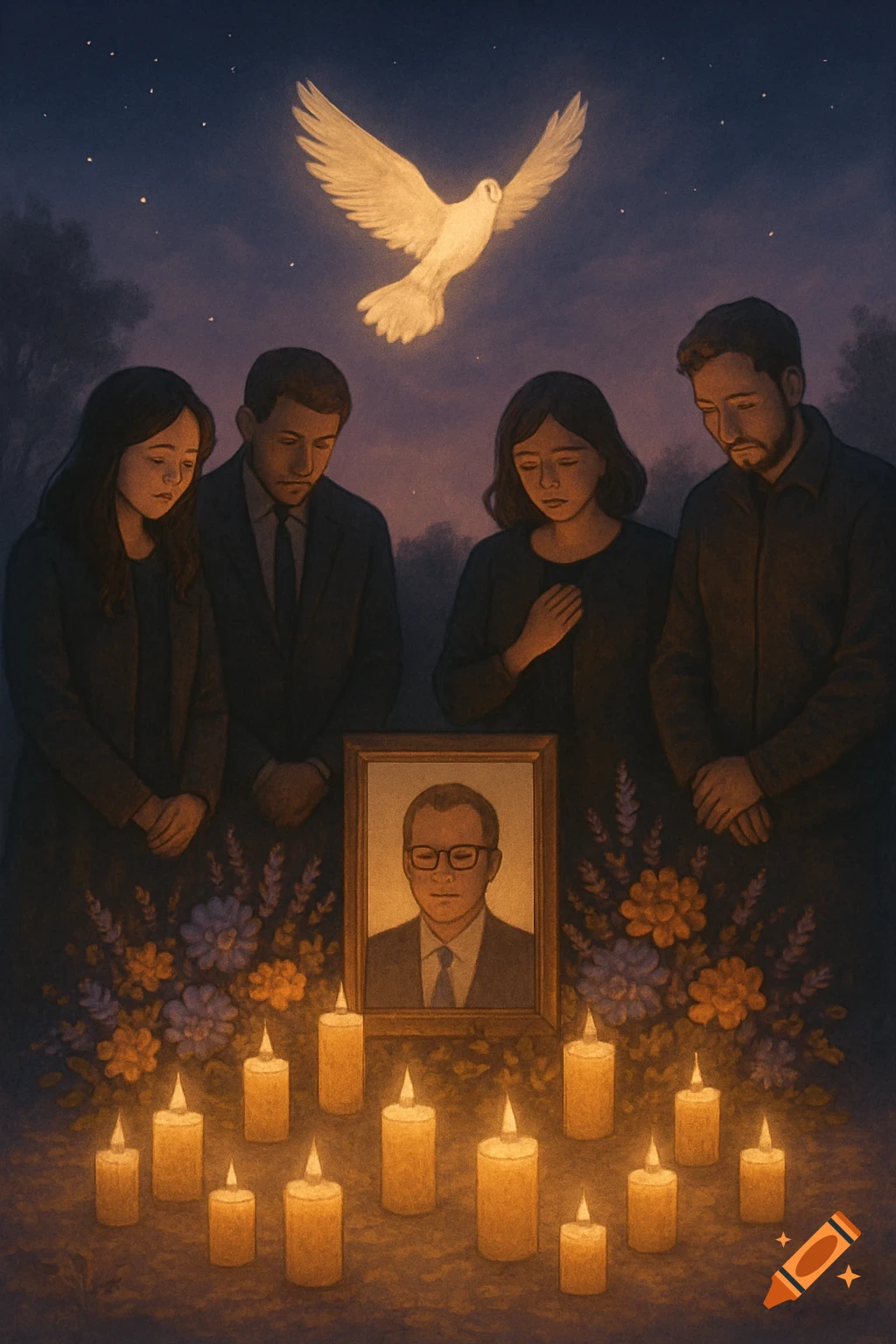 Four people at a somber candlelit memorial, gathered around a framed portrait of a man, with a glowing dove flying above.