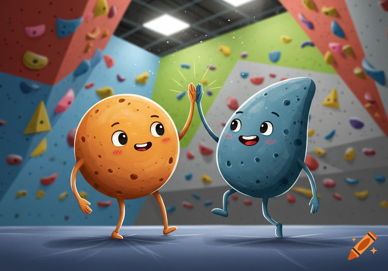 Two whimsical cartoon characters, resembling bouldering holds, high-fiving in an indoor climbing gym.