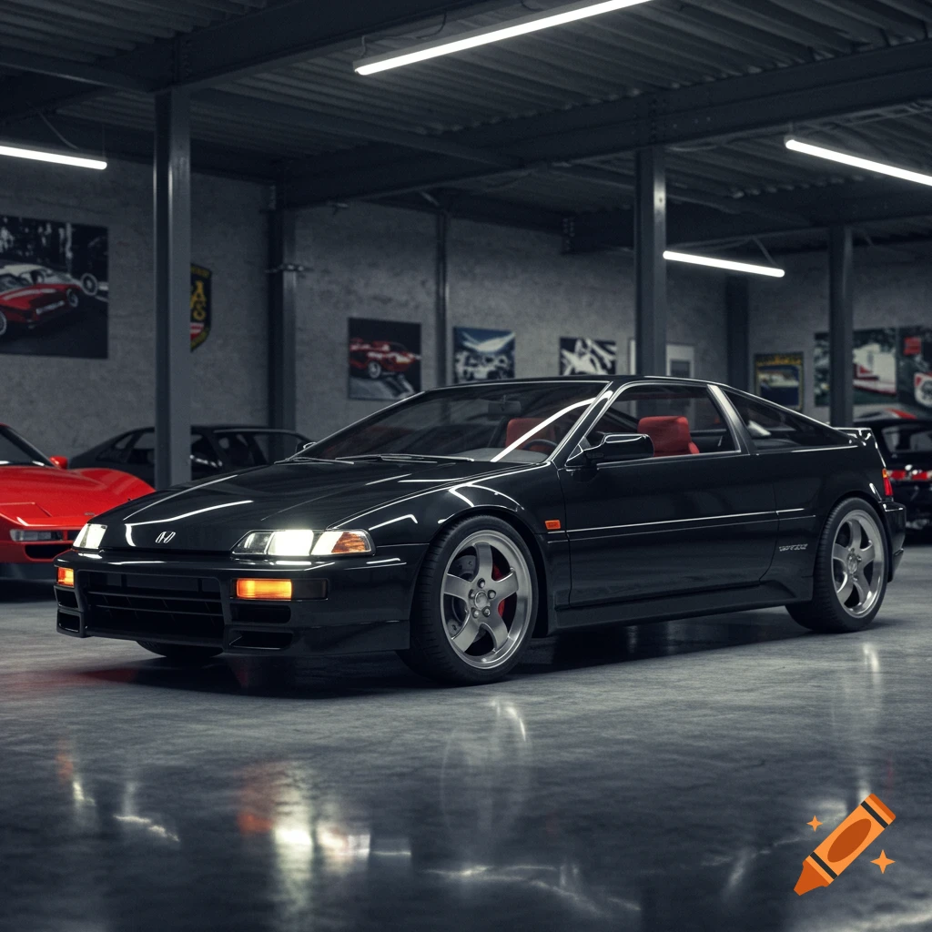 A black sports car with red interior parked in a well-lit collector's garage with other cars and posters in the background, photorealistic.