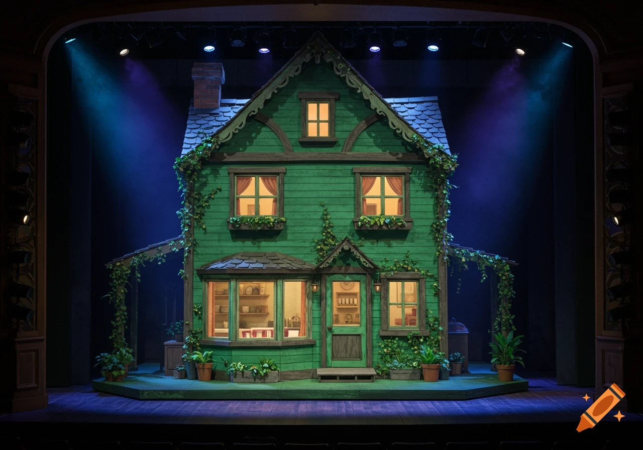 A vibrant green two-story house with ivy and red curtains on a dark theatre stage, lit by blue and purple spotlights.